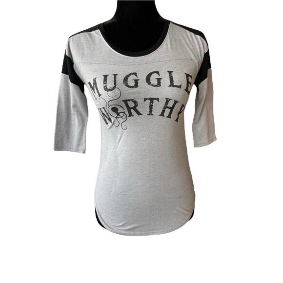 Fantastic Beasts Womens Juniors Tee XS Muggle Worthy Baseball Raglan Gray Black - Picture 3 of 9